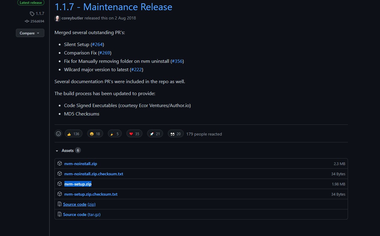 Node version manager download section